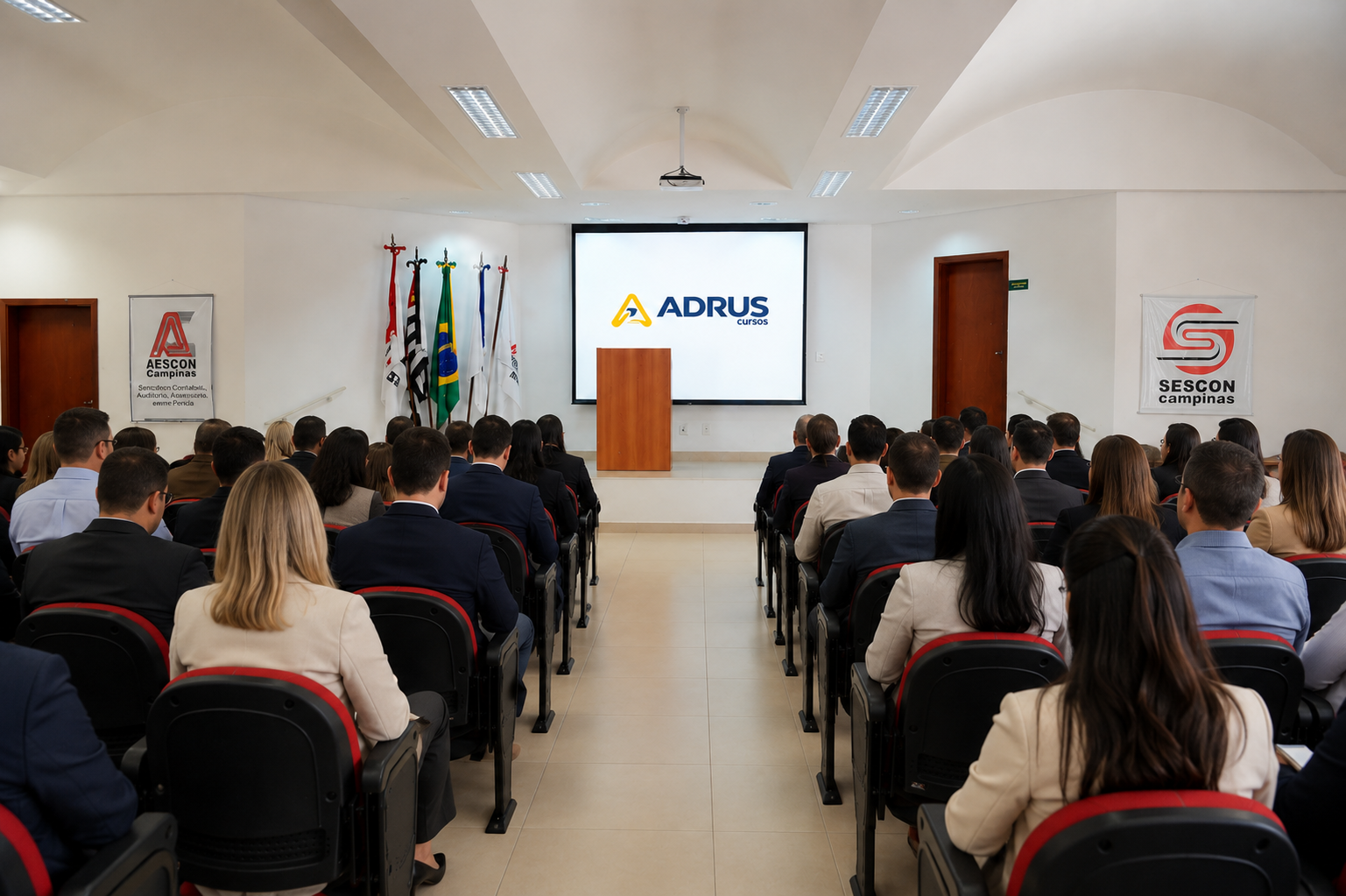 Auditório do Sescon Campinas preparado para um evento da Adrus